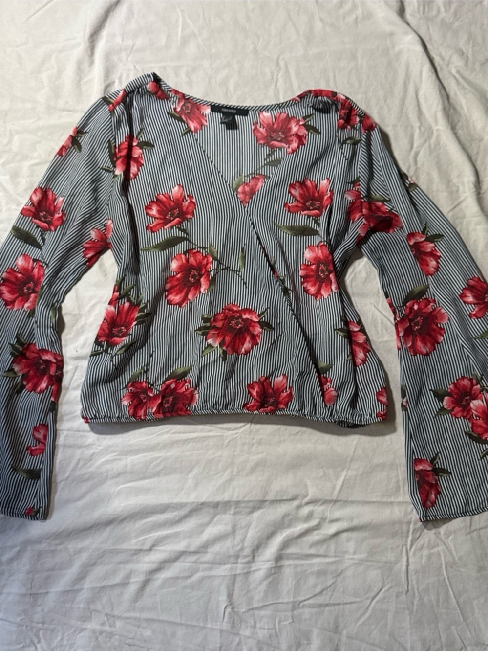 Forever 21 Black-and-White Striped Long-Sleeve Top with Red Floral Print